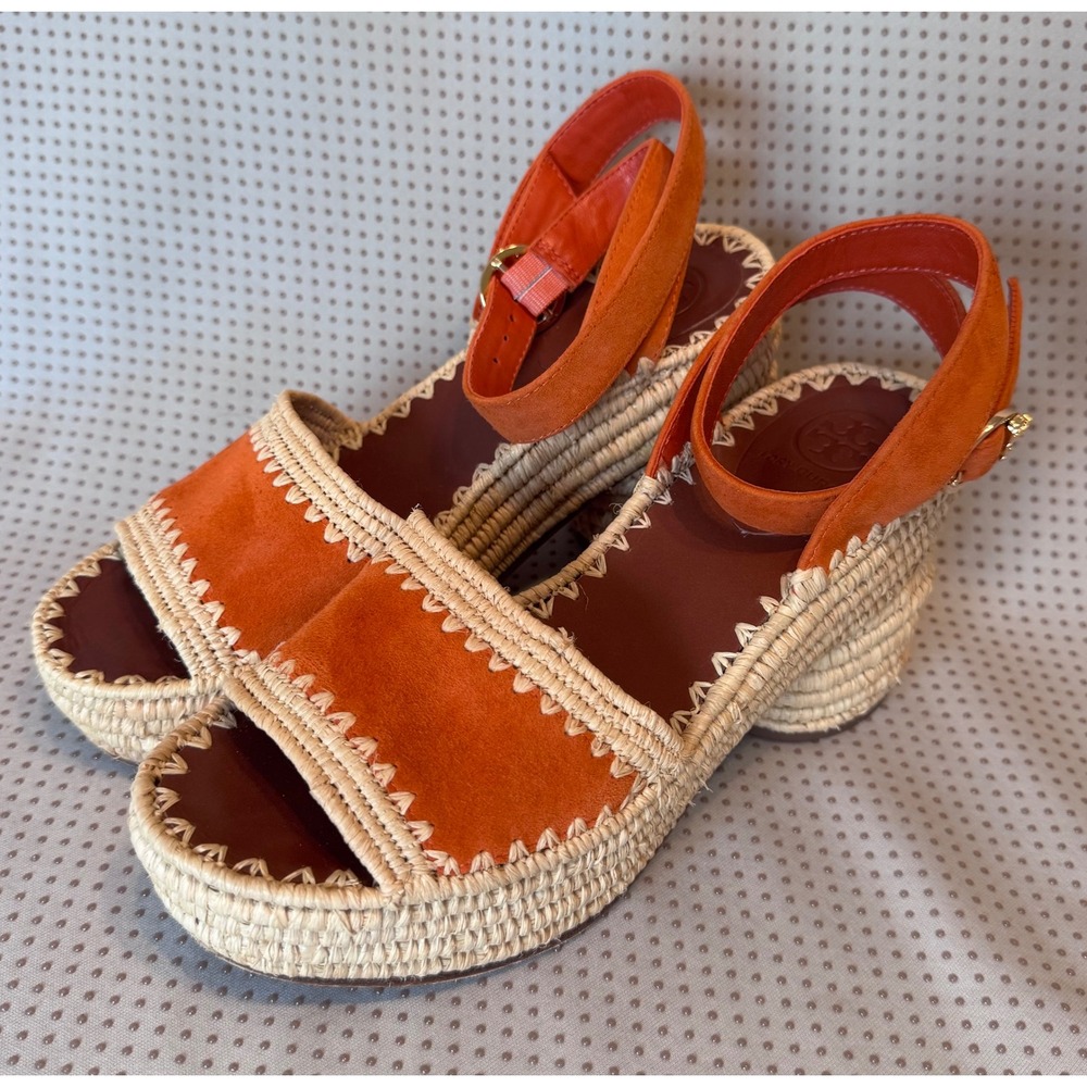 Tory Burch Orange Suede Espadrille Wedge Sandals 6.5 Whipstitch Ankle Strap - Picture 1 of 6